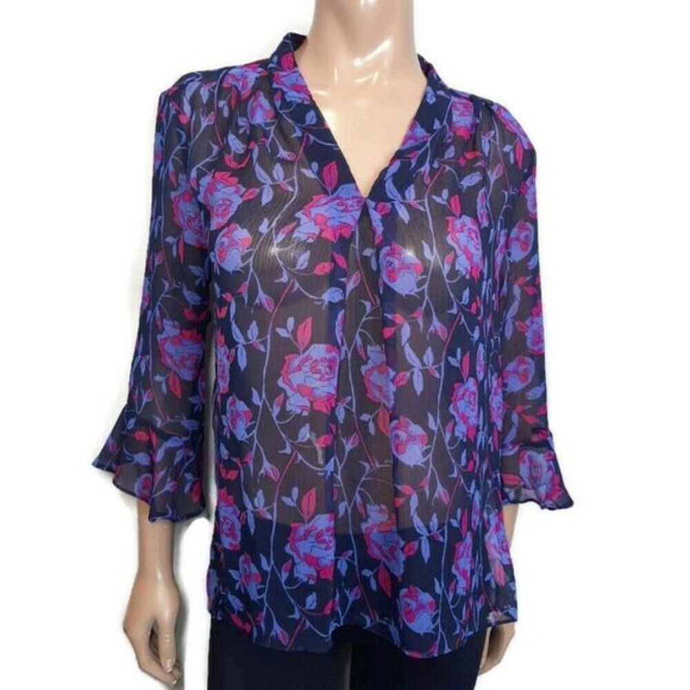 Joe Fresh Bell Sleeve Vneck Blouse Sheer Floral Purple Blue Womens Size Small